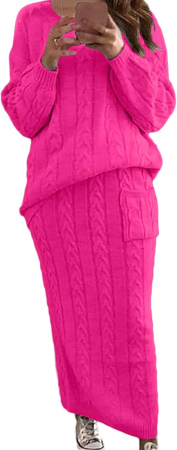 Skirt Sets Women 2 Piece Outfits Winter Chunky Cable Knit Long Sleeve Pullover Sweater and Bodycon Maxi Skirts Set