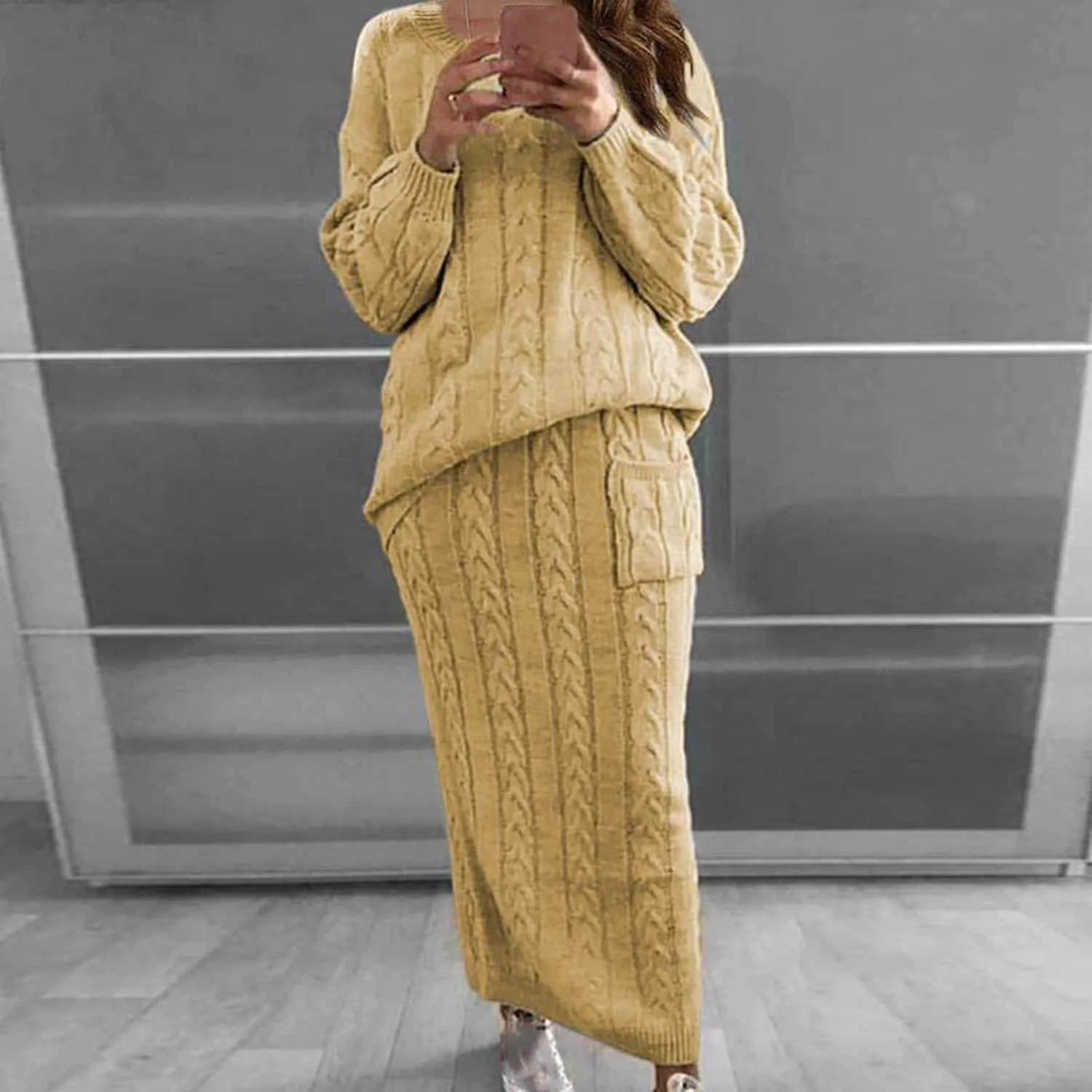 Skirt Sets Women 2 Piece Outfits Winter Chunky Cable Knit Long Sleeve Pullover Sweater and Bodycon Maxi Skirts Set