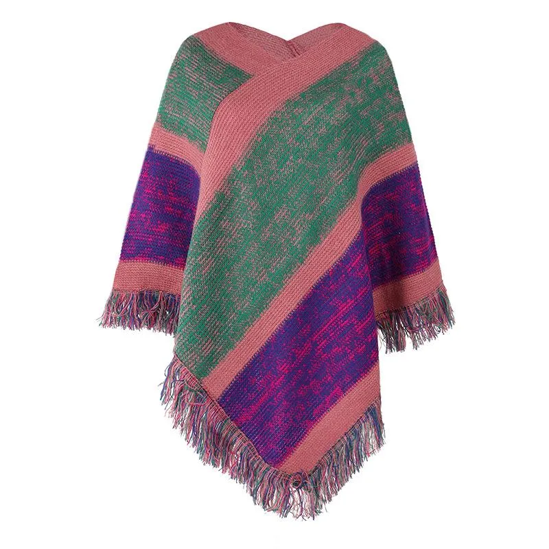 Striking color striped knitted cape fringed shawl