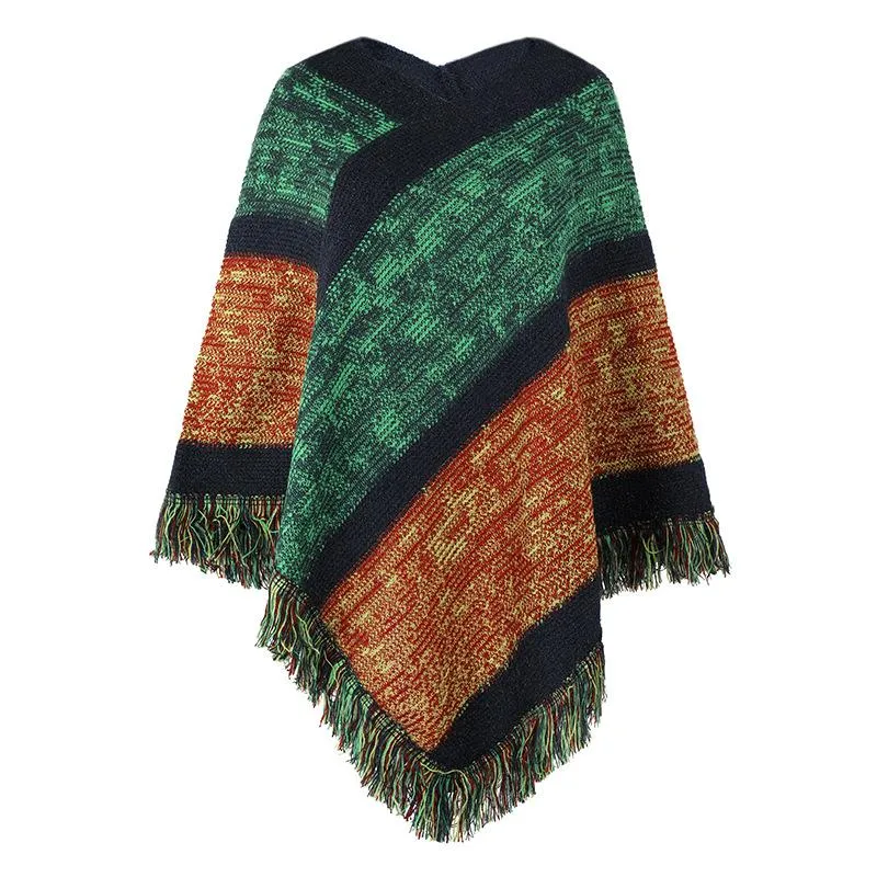 Striking color striped knitted cape fringed shawl
