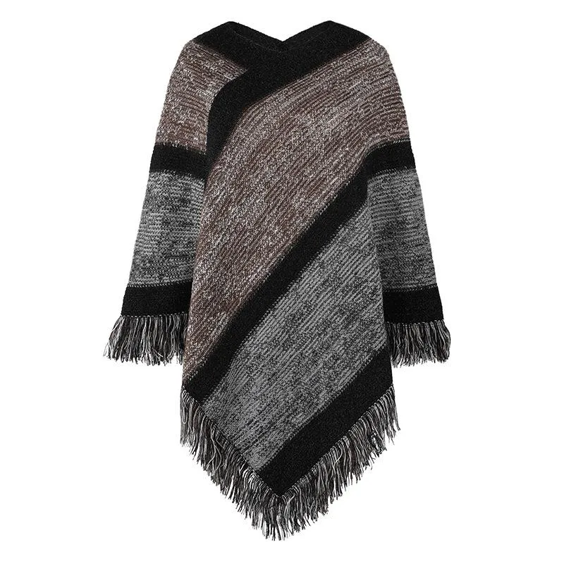 Striking color striped knitted cape fringed shawl