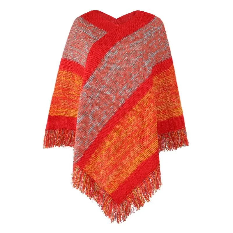 Striking color striped knitted cape fringed shawl