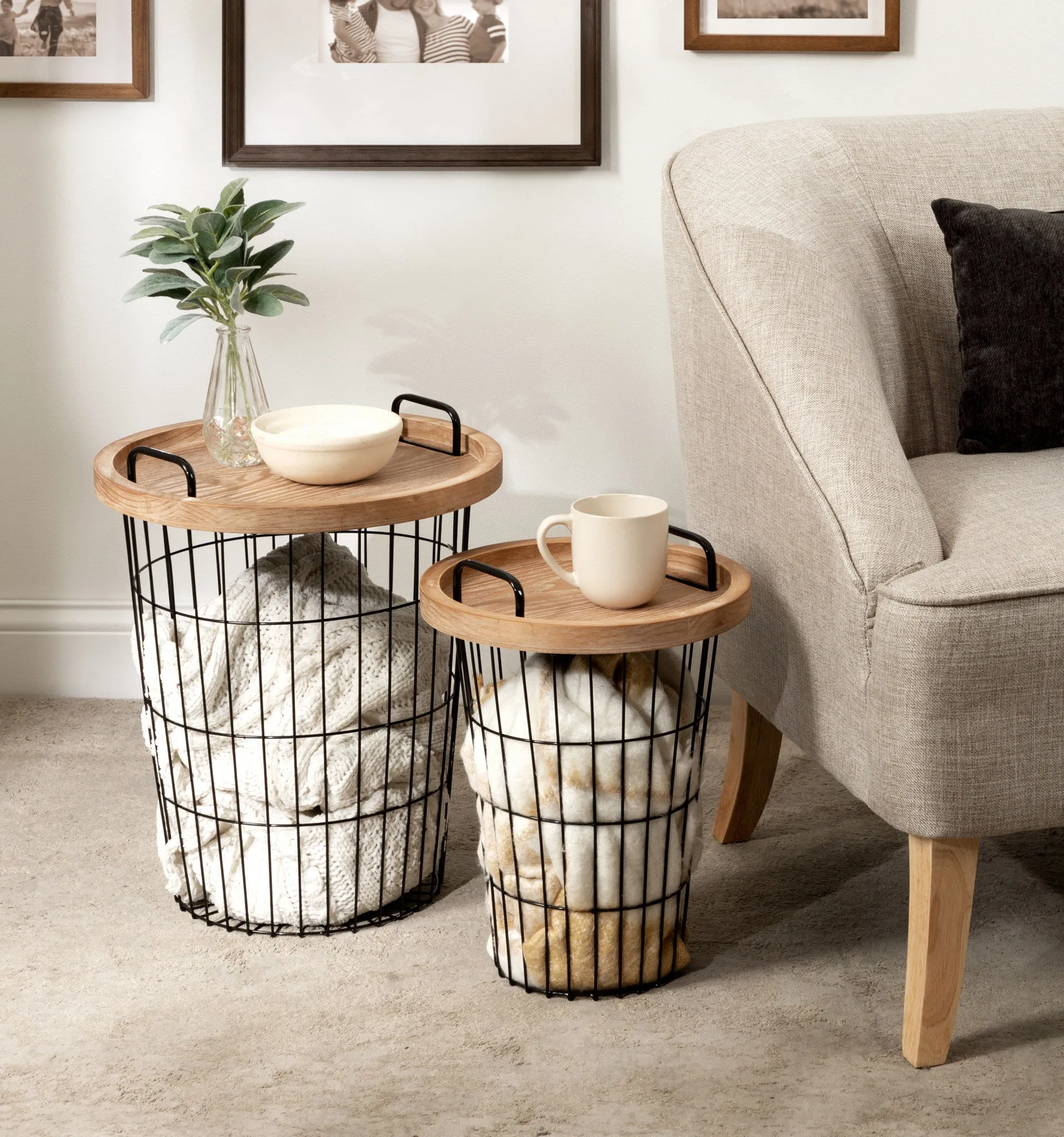 Tenby Nesting Metal and Wood Tray Basket End Tables