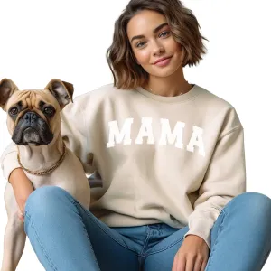 The White Invite Mama Sweatshirts for Women Embossed Mama Crewneck Casual Oversized Pullover Hoodies Long Sleeve Sweater (Tan with White Text, XL)