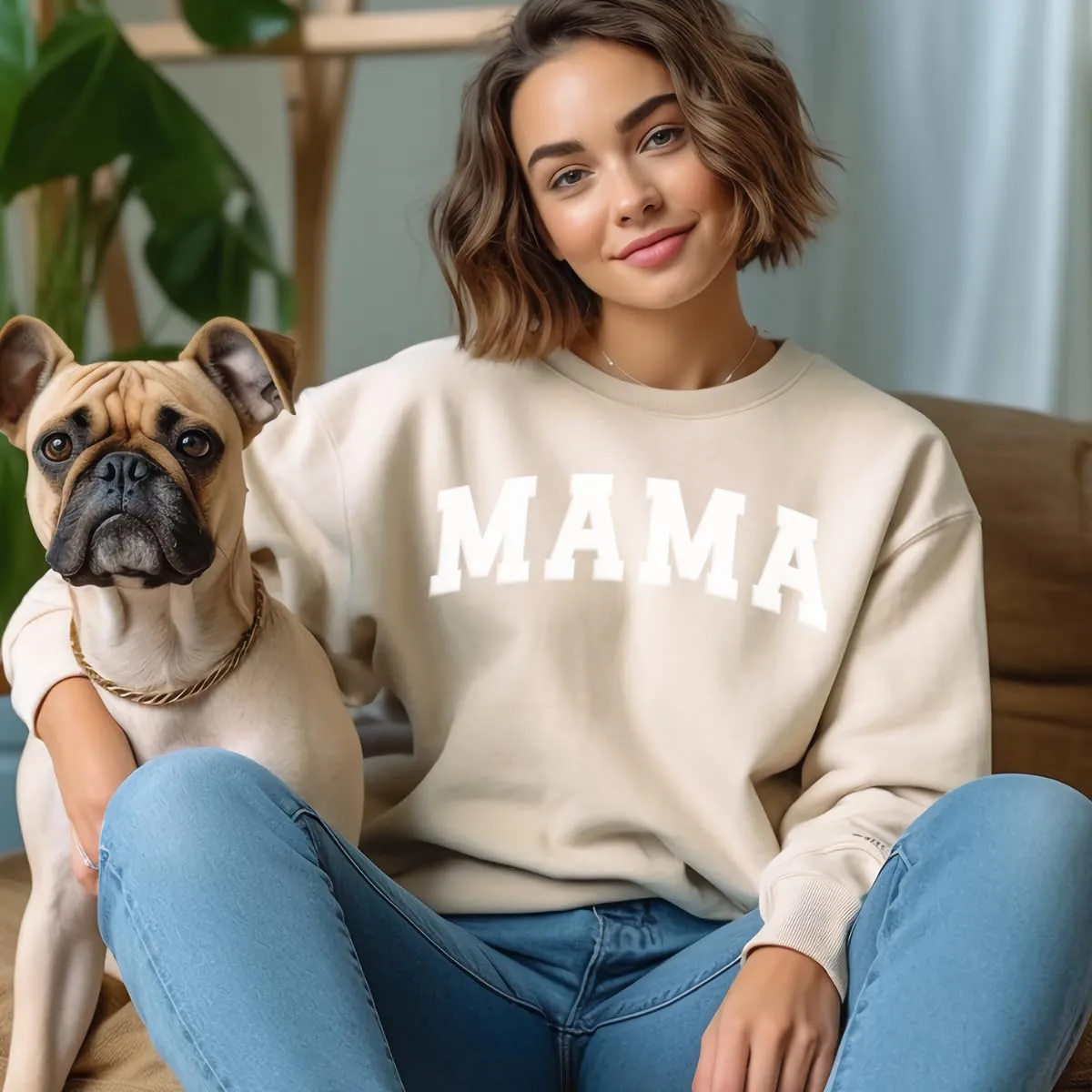 The White Invite Mama Sweatshirts for Women Embossed Mama Crewneck Casual Oversized Pullover Hoodies Long Sleeve Sweater (Tan with White Text, XL)