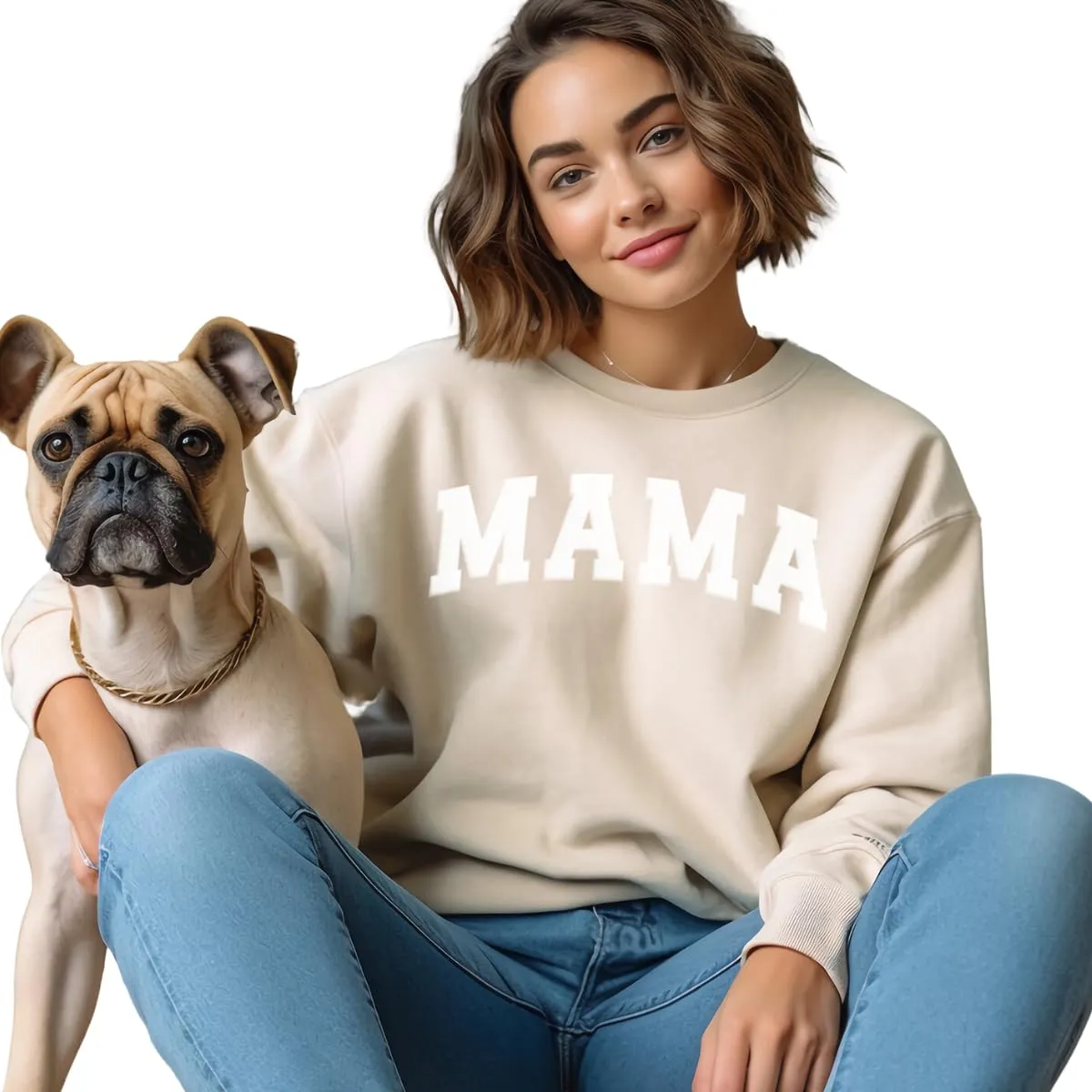 The White Invite Mama Sweatshirts for Women Embossed Mama Crewneck Casual Oversized Pullover Hoodies Long Sleeve Sweater (Tan with White Text, XL)