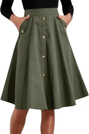 TOPINCN Women Midi Skirt Casual Work Elegant A Line Button Front High Waist Pleated Skirt with Pockets