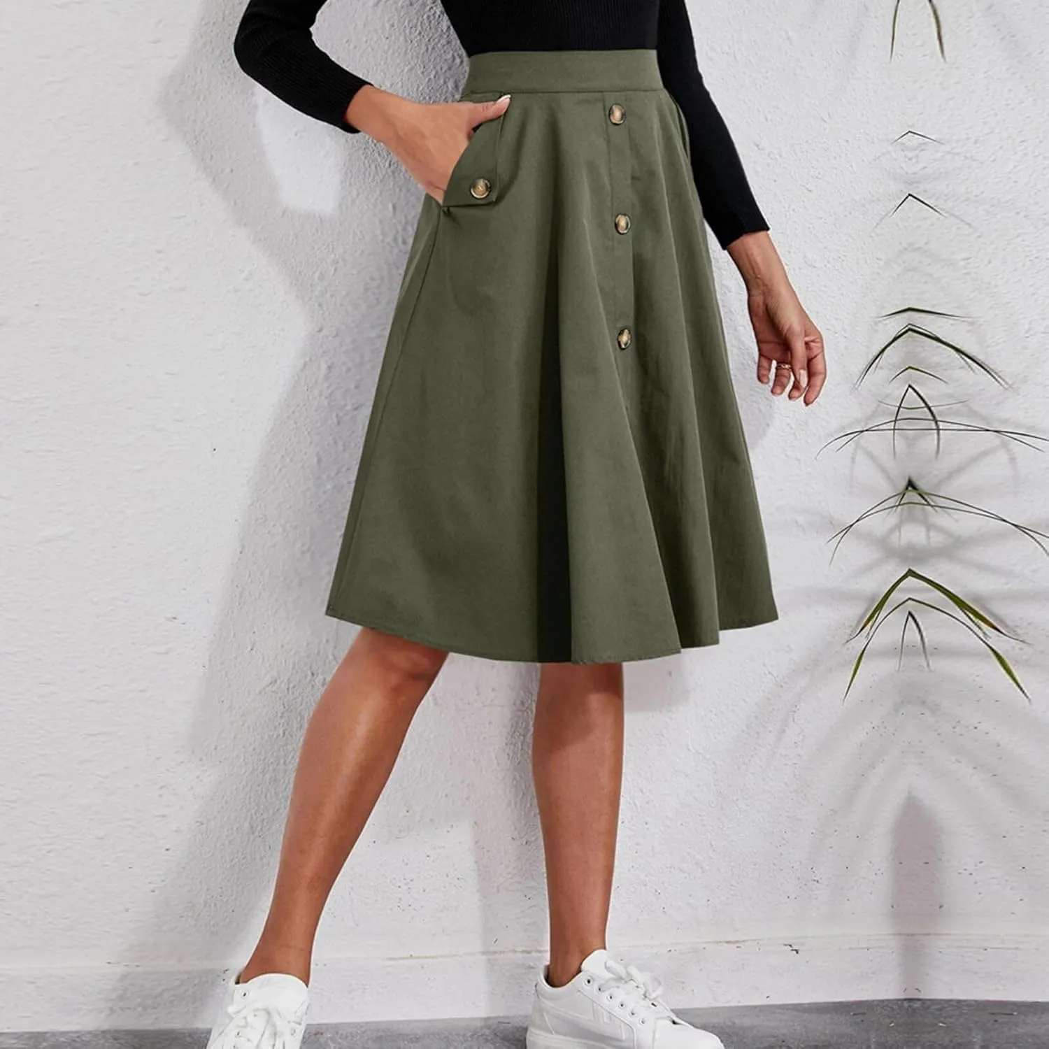 TOPINCN Women Midi Skirt Casual Work Elegant A Line Button Front High Waist Pleated Skirt with Pockets