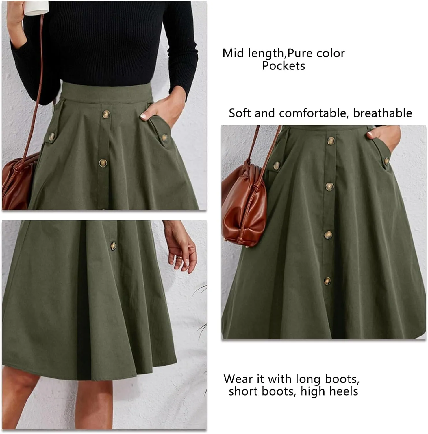 TOPINCN Women Midi Skirt Casual Work Elegant A Line Button Front High Waist Pleated Skirt with Pockets