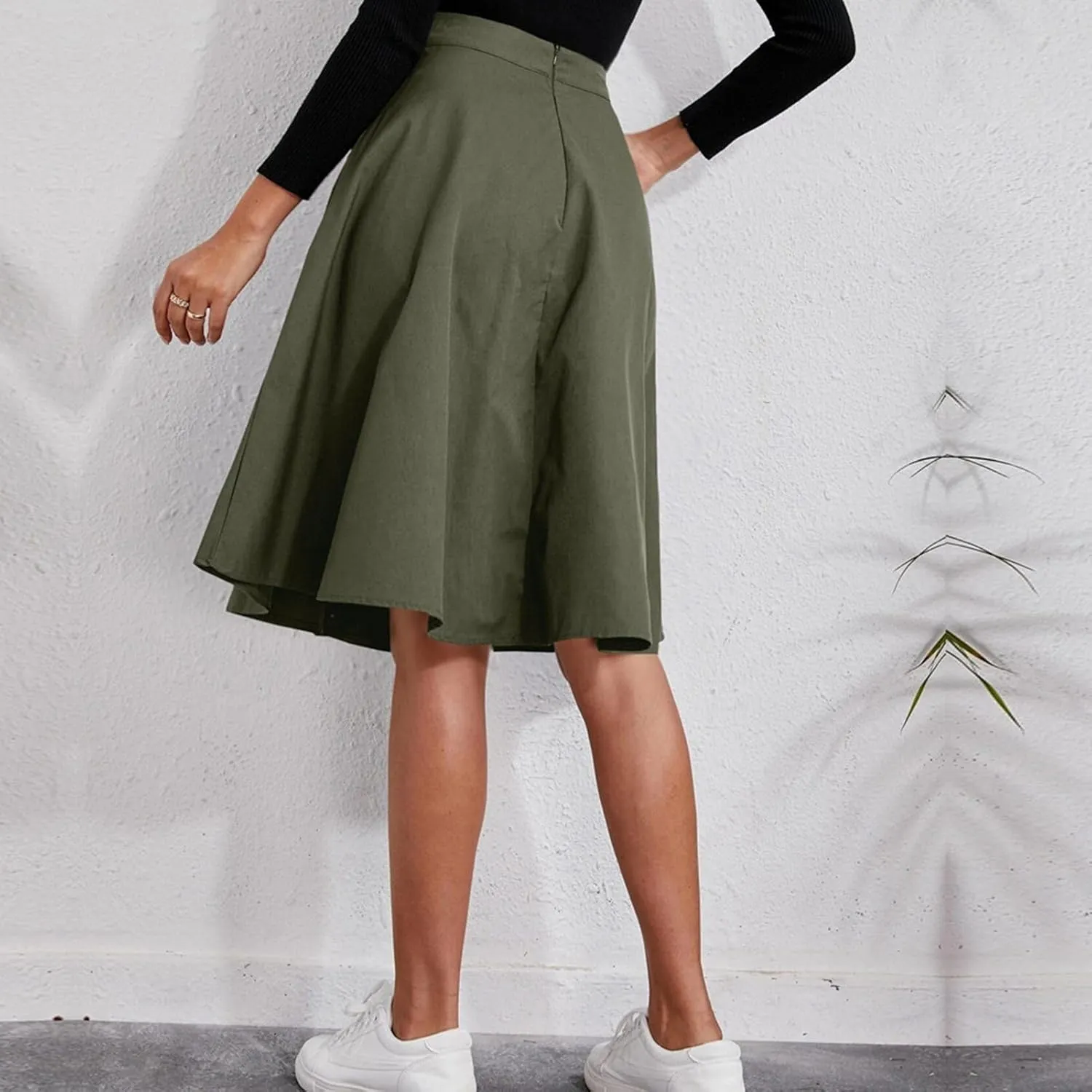TOPINCN Women Midi Skirt Casual Work Elegant A Line Button Front High Waist Pleated Skirt with Pockets