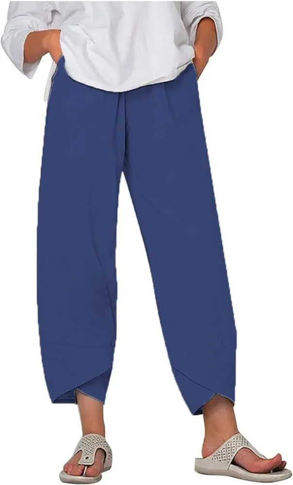 Trendy Womens Summer Capri Pants Casual Comfy Baggy Palazzo Trouser Pants with Pocket
