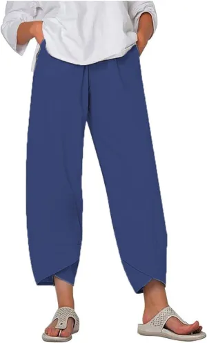 Trendy Womens Summer Capri Pants Casual Comfy Baggy Palazzo Trouser Pants with Pocket