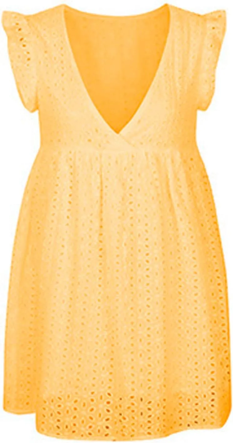 tuduoms Womens Summer Ruffle Mini Dress Sleeveless Wrap V Neck Babydoll A Line Dress Party Beach High Waist Flowy Swing Dress
