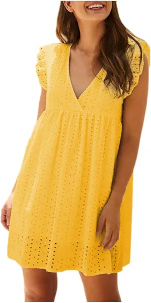 tuduoms Womens Summer Ruffle Mini Dress Sleeveless Wrap V Neck Babydoll A Line Dress Party Beach High Waist Flowy Swing Dress