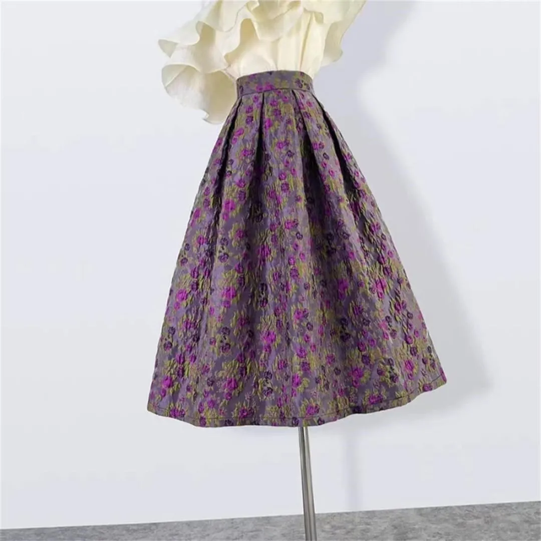 Vintage Elegant High Waist Long Women Midi Skirt Purple Floral Autumn Fall Birthday Outfit Clothing