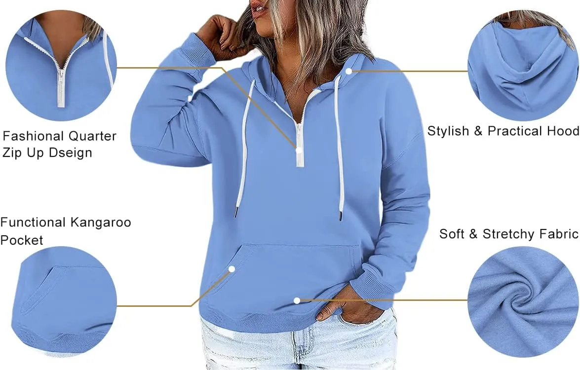 VISLILY Women's-Plus-Size-Hoodies Quarter Zip-Up Hooded Sweatshirts Lightweight Long Sleeve Pullover Tops with Pocket 1X-4X