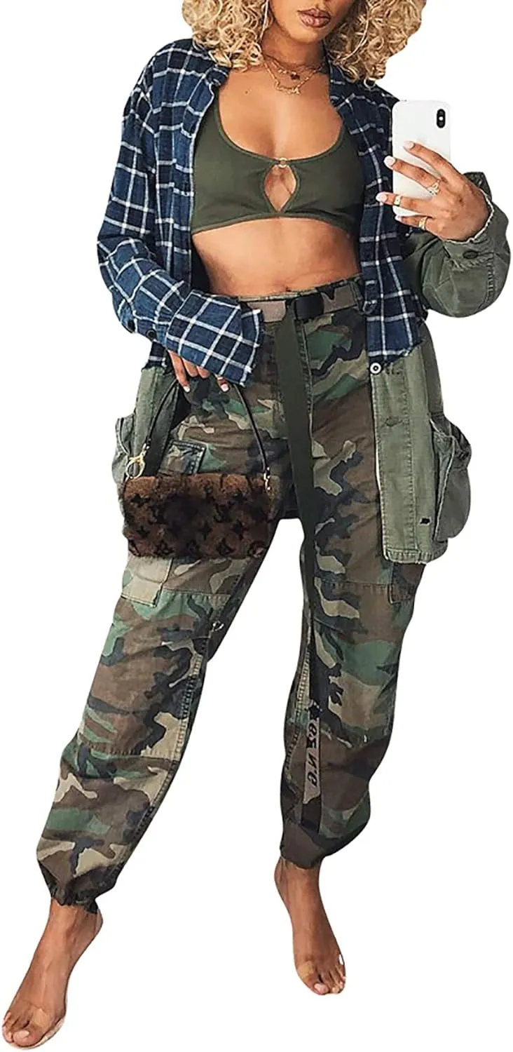 Voghtic Army Camo Cargo Pants - High Waisted Women's Camouflage Job Fatigue Pants