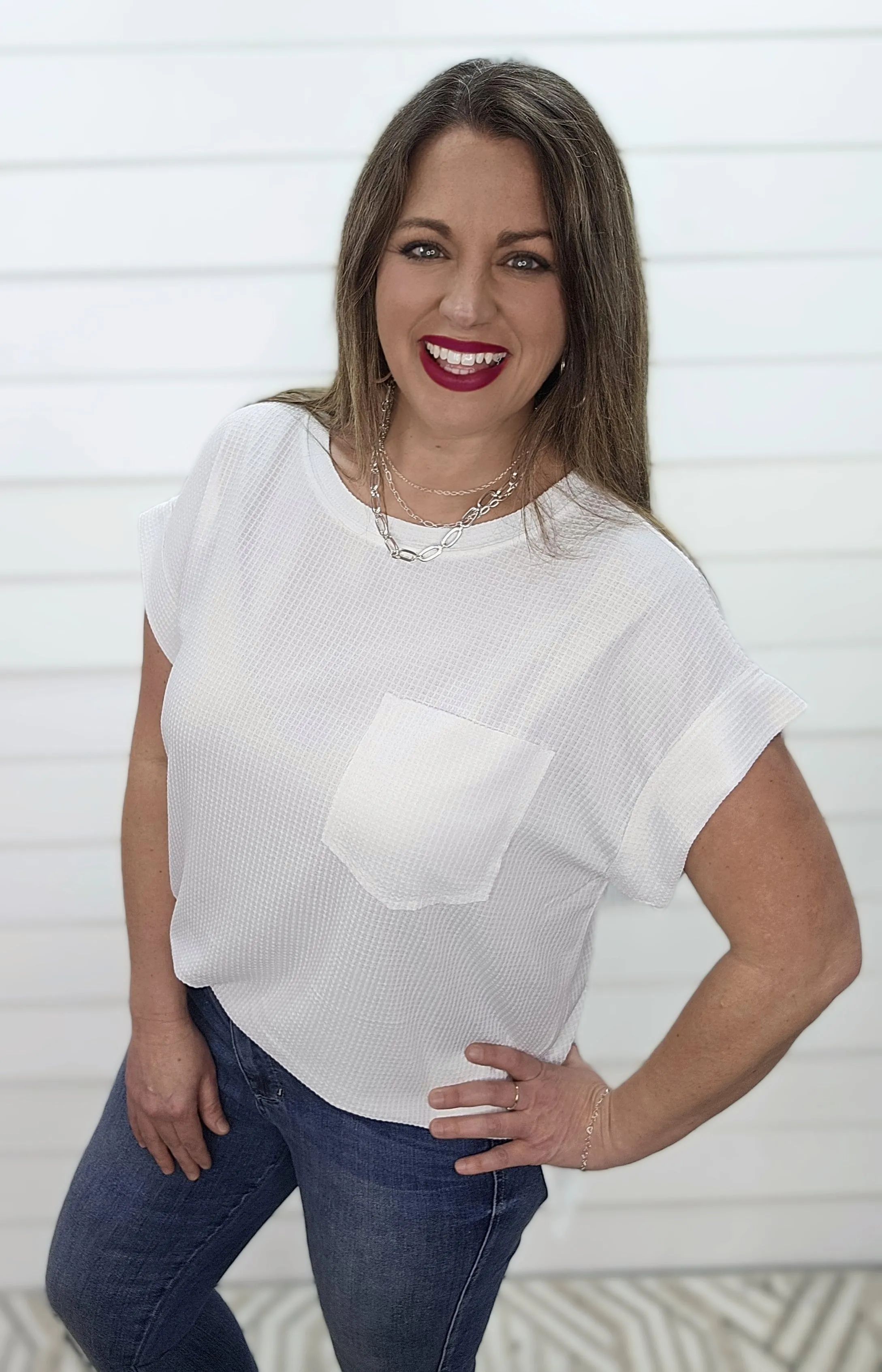 WAFFLE TEXTURE CREW NECK POCKET TOP - IVORY