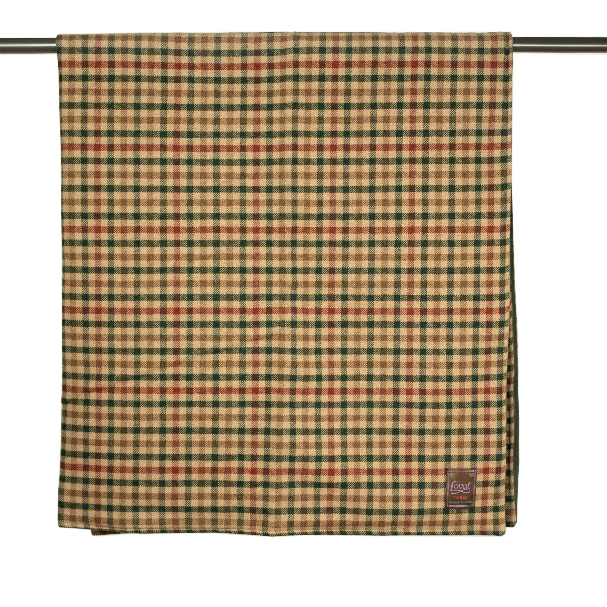 Waxed back picnic blanket in brown, red, and green gunclub lambswool tweed
