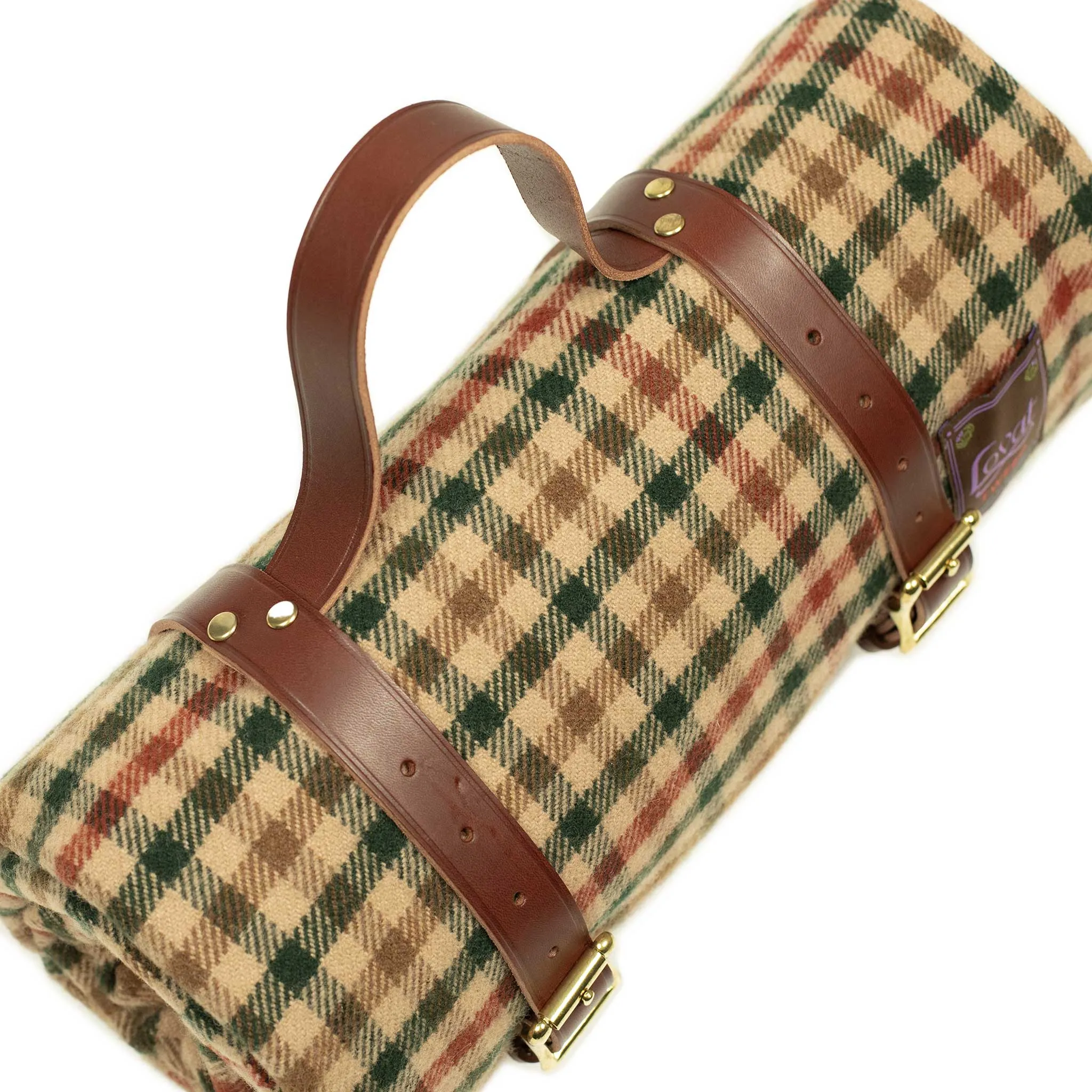 Waxed back picnic blanket in brown, red, and green gunclub lambswool tweed