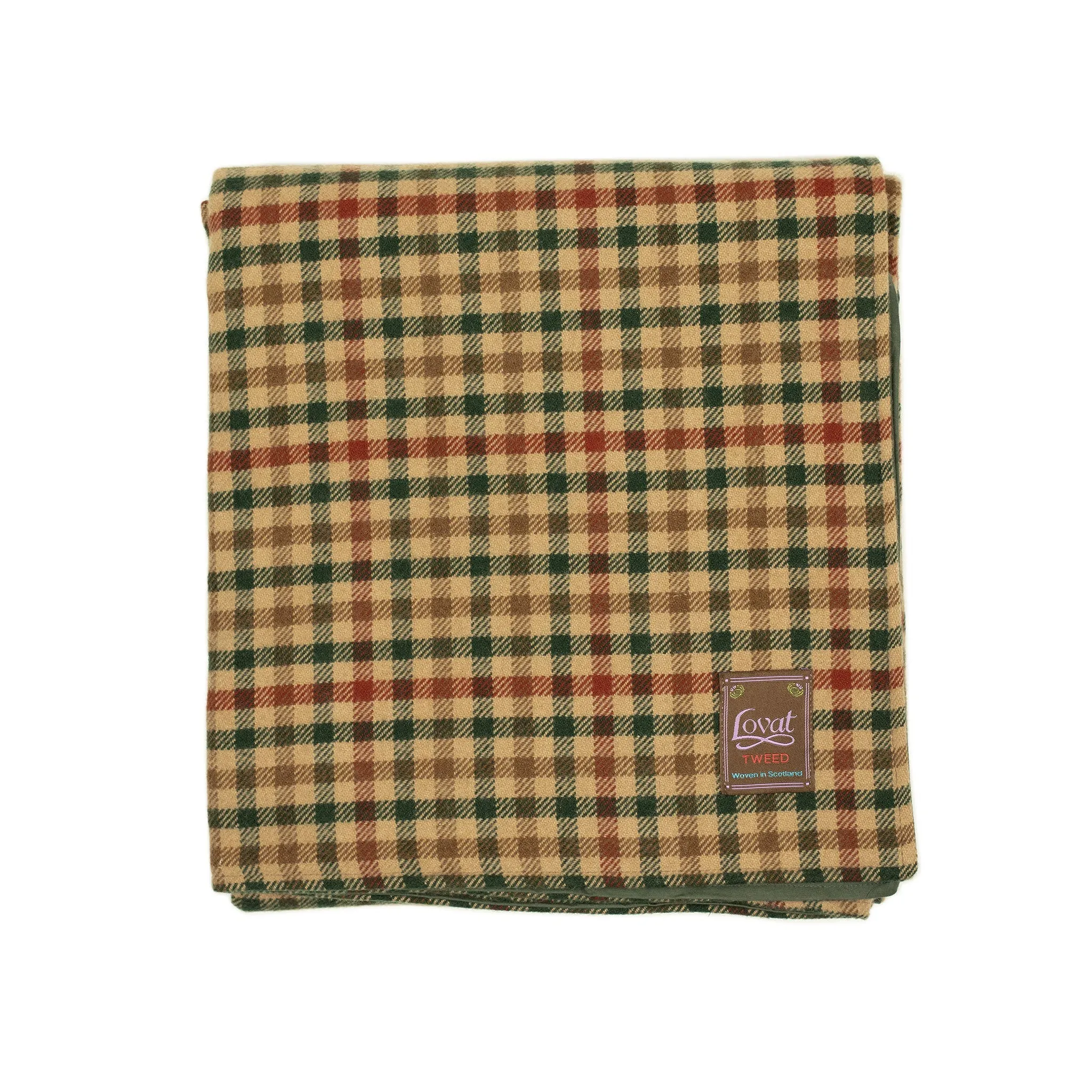 Waxed back picnic blanket in brown, red, and green gunclub lambswool tweed