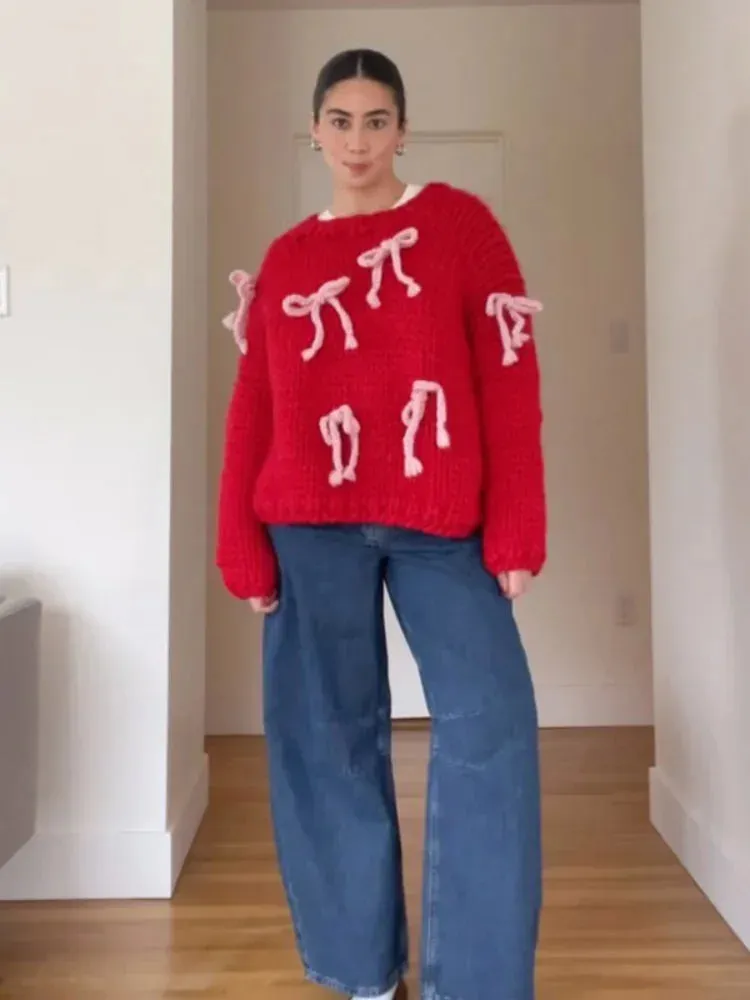 Wenkouban-Christmas Thanksgiving outfits_Autumn Elegant Retro 3D Bow Print Loose Casual Holiday Christmas Sweater