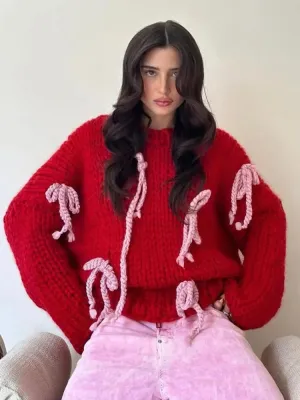 Wenkouban-Christmas Thanksgiving outfits_Autumn Elegant Retro 3D Bow Print Loose Casual Holiday Christmas Sweater