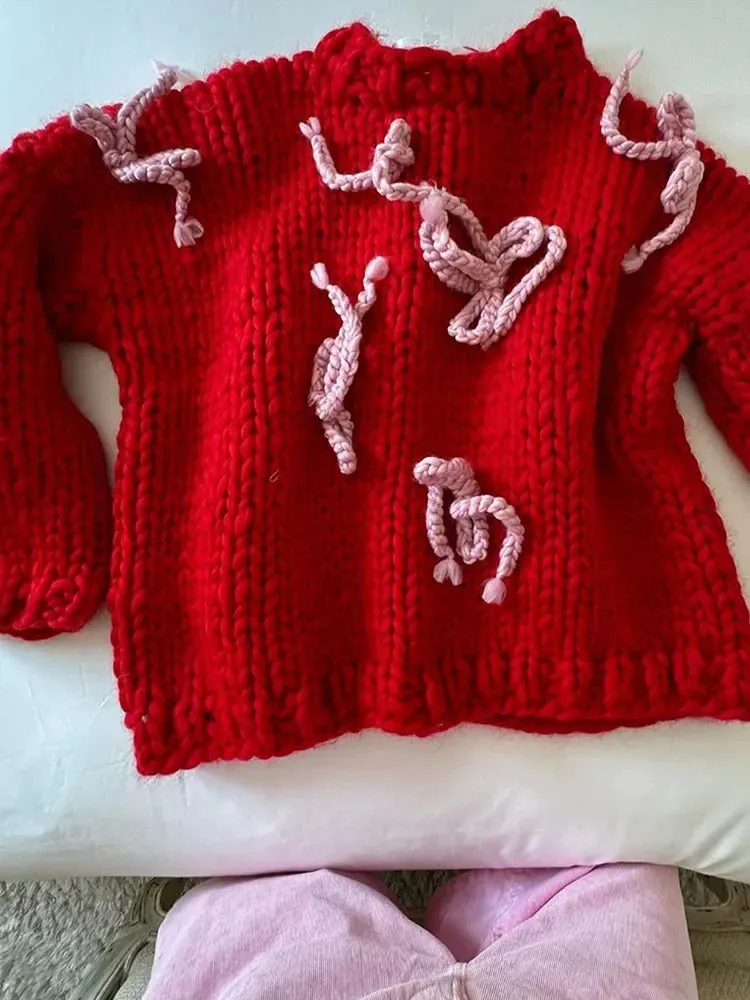 Wenkouban-Christmas Thanksgiving outfits_Autumn Elegant Retro 3D Bow Print Loose Casual Holiday Christmas Sweater