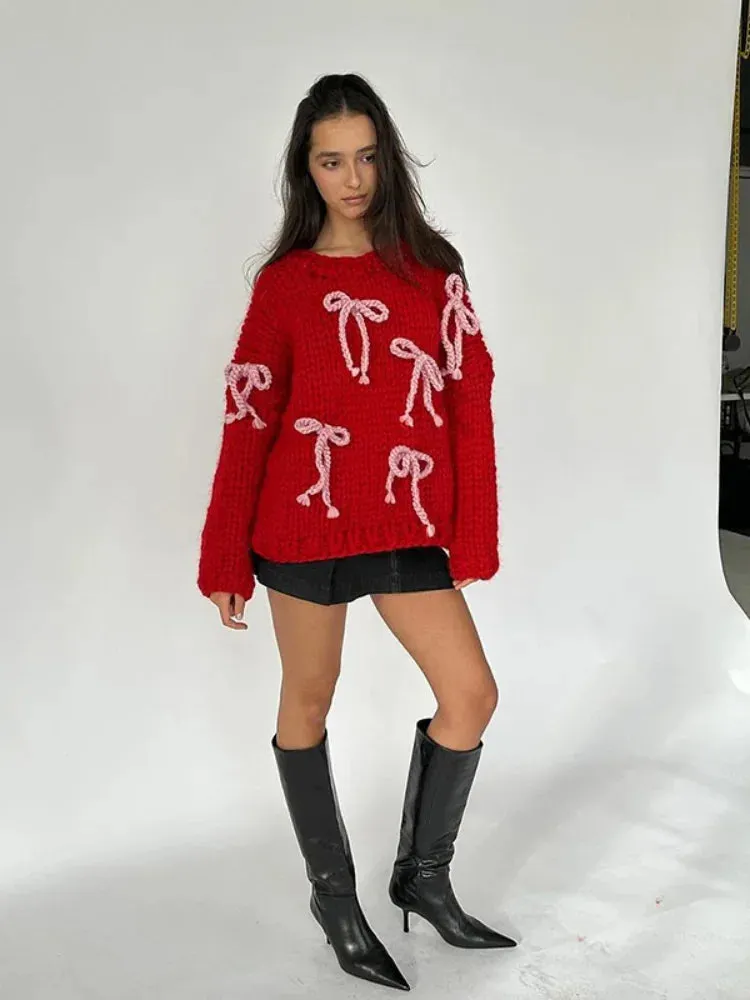 Wenkouban-Christmas Thanksgiving outfits_Autumn Elegant Retro 3D Bow Print Loose Casual Holiday Christmas Sweater