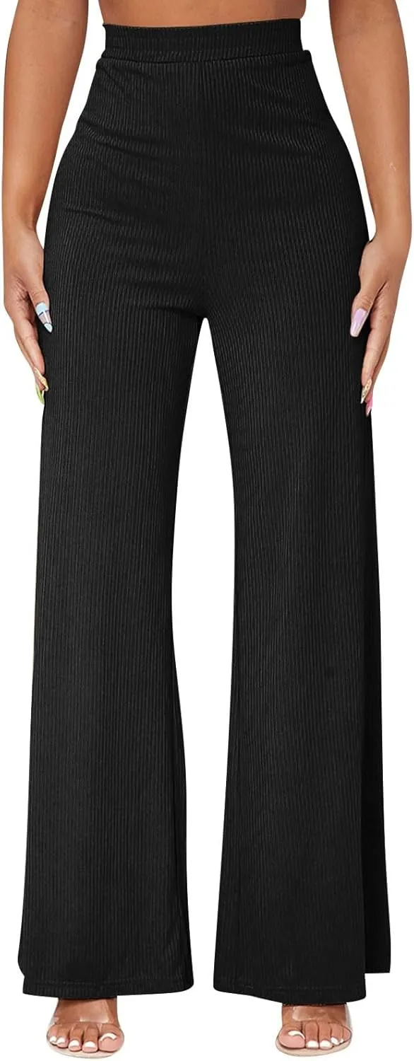 Wide Leg Pants for Women Elastic High Waist Tummy Control Lounge Slacks Solid Color Palazzo Trousers