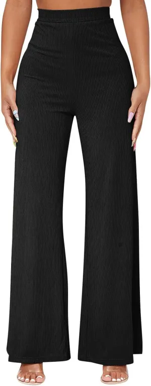 Wide Leg Pants for Women Elastic High Waist Tummy Control Lounge Slacks Solid Color Palazzo Trousers