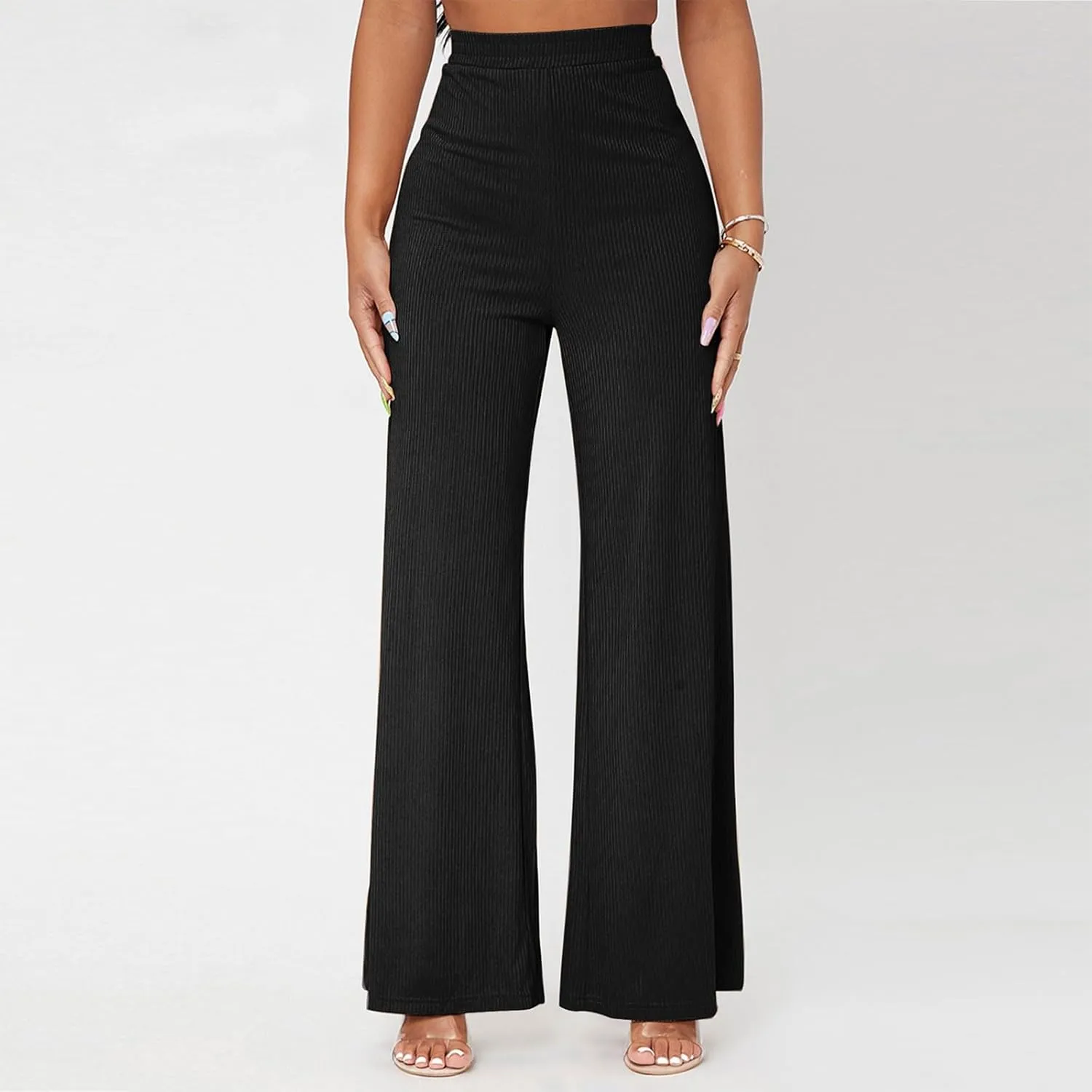 Wide Leg Pants for Women Elastic High Waist Tummy Control Lounge Slacks Solid Color Palazzo Trousers