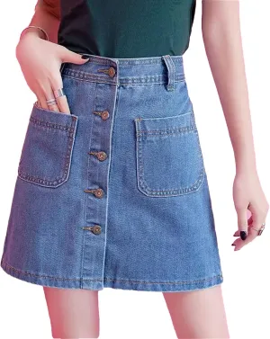 Woman Denim Skirt Vintage Harajuku Style Elegant A-Line Skirt High Waisted Casual Skirt with Pocket