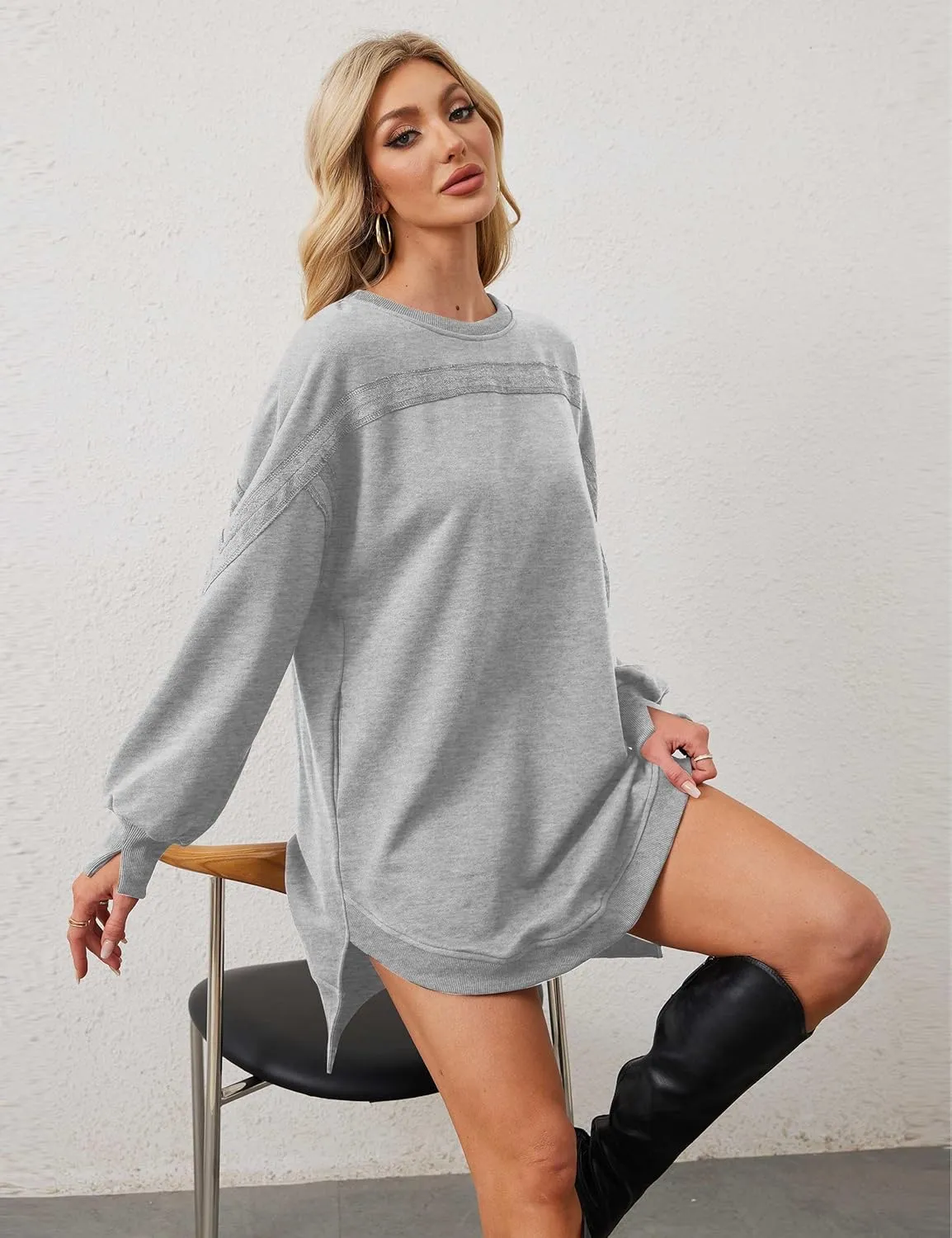 Women Casual Dresses Oversized Long Sleeve Sweatshirt Dresses Crewneck Tunic Tops Pullover Loose Fitting Mini Dresses