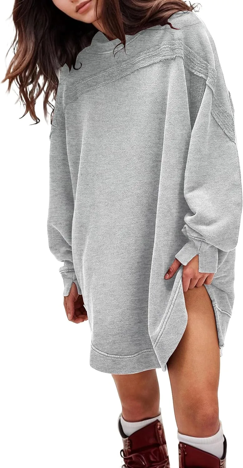 Women Casual Dresses Oversized Long Sleeve Sweatshirt Dresses Crewneck Tunic Tops Pullover Loose Fitting Mini Dresses