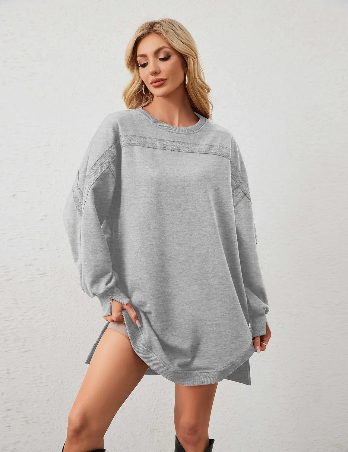 Women Casual Dresses Oversized Long Sleeve Sweatshirt Dresses Crewneck Tunic Tops Pullover Loose Fitting Mini Dresses