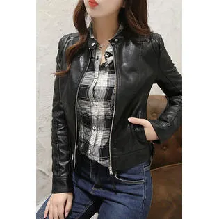 Women Convenient Slim Fit Long Sleeve Breathable Leather Jacket - WJK89139