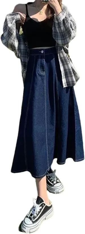 Women Denim Skirt High-Waisted Slimming Draped Design Shallow Blue Long Dress for