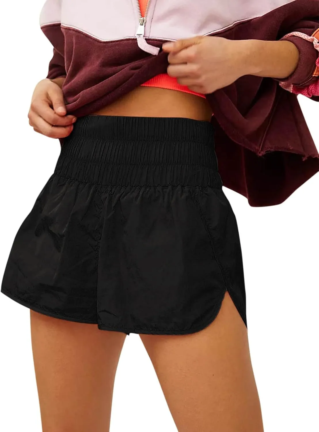 Women High Waisted Flowy Shorts Trendy Pleated Smocked Waist Side Slit Trouser Park Workout Cycling Casual Sweatpants