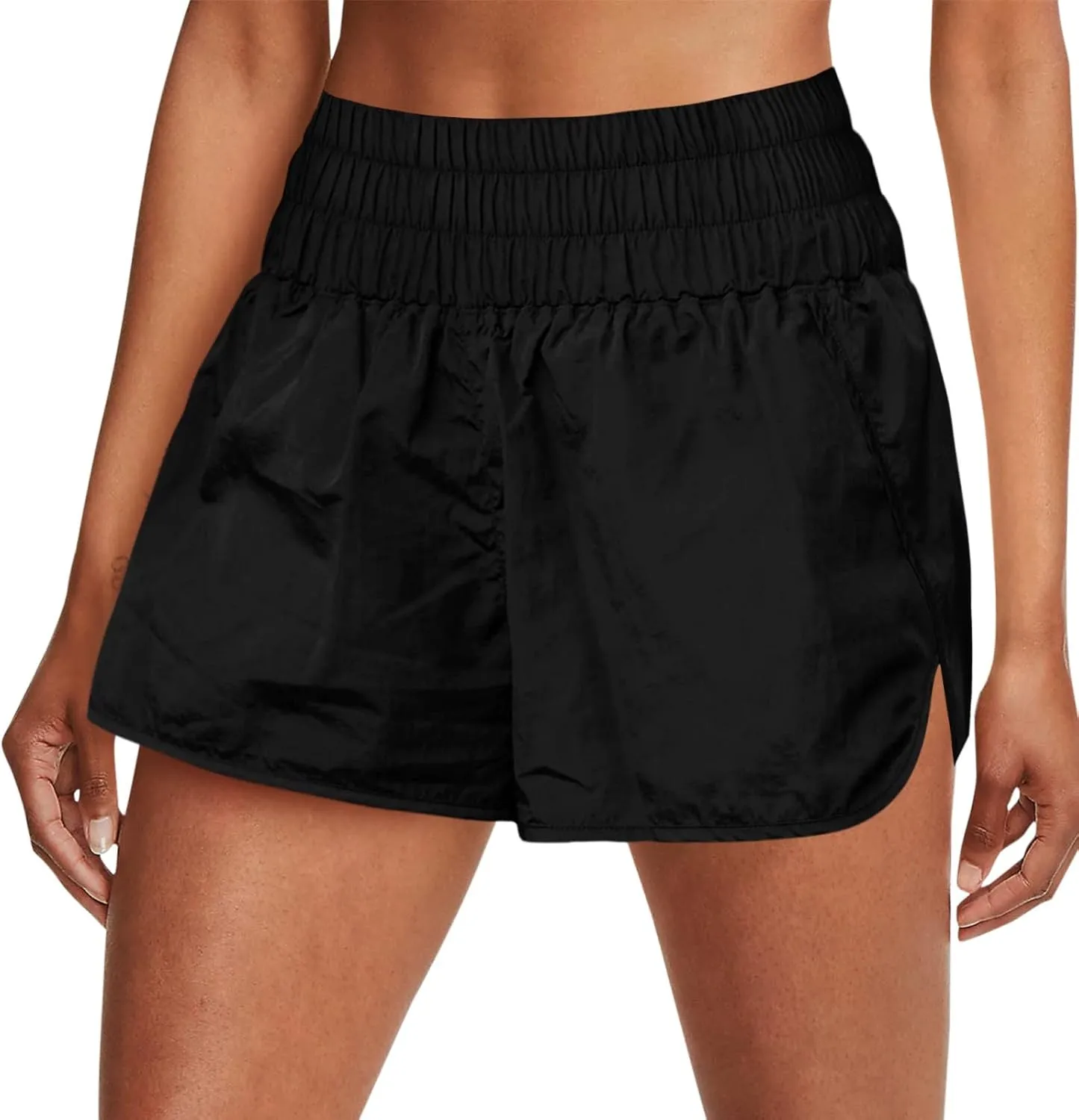 Women High Waisted Flowy Shorts Trendy Pleated Smocked Waist Side Slit Trouser Park Workout Cycling Casual Sweatpants