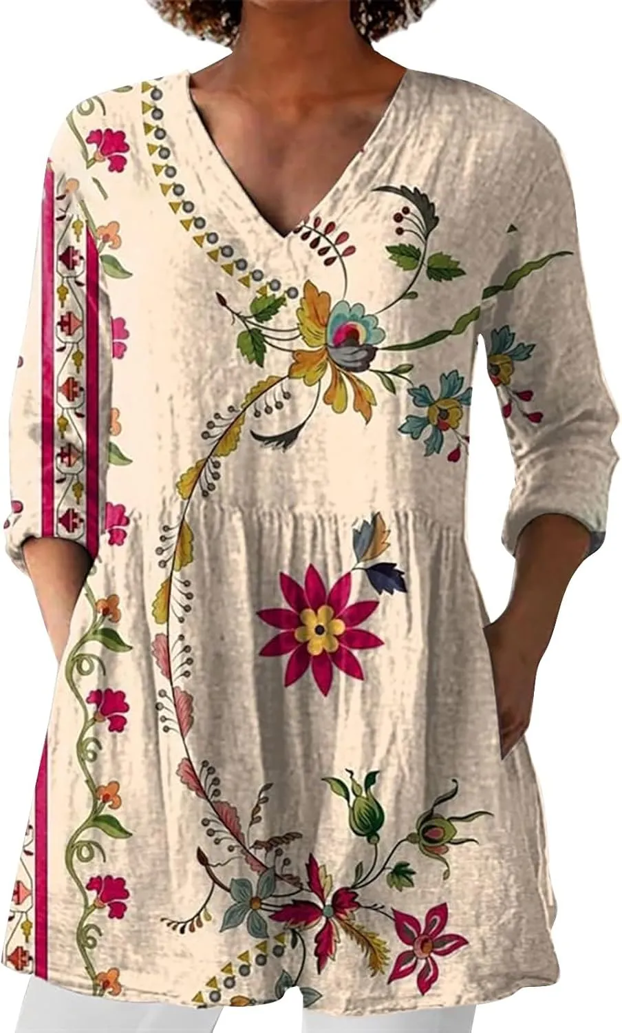 Women Plus Size Tops Trendy Summer 2025 Color Block Floral Print Dress Long Sleeve V Neck Blouses Casual Tunic Outfits