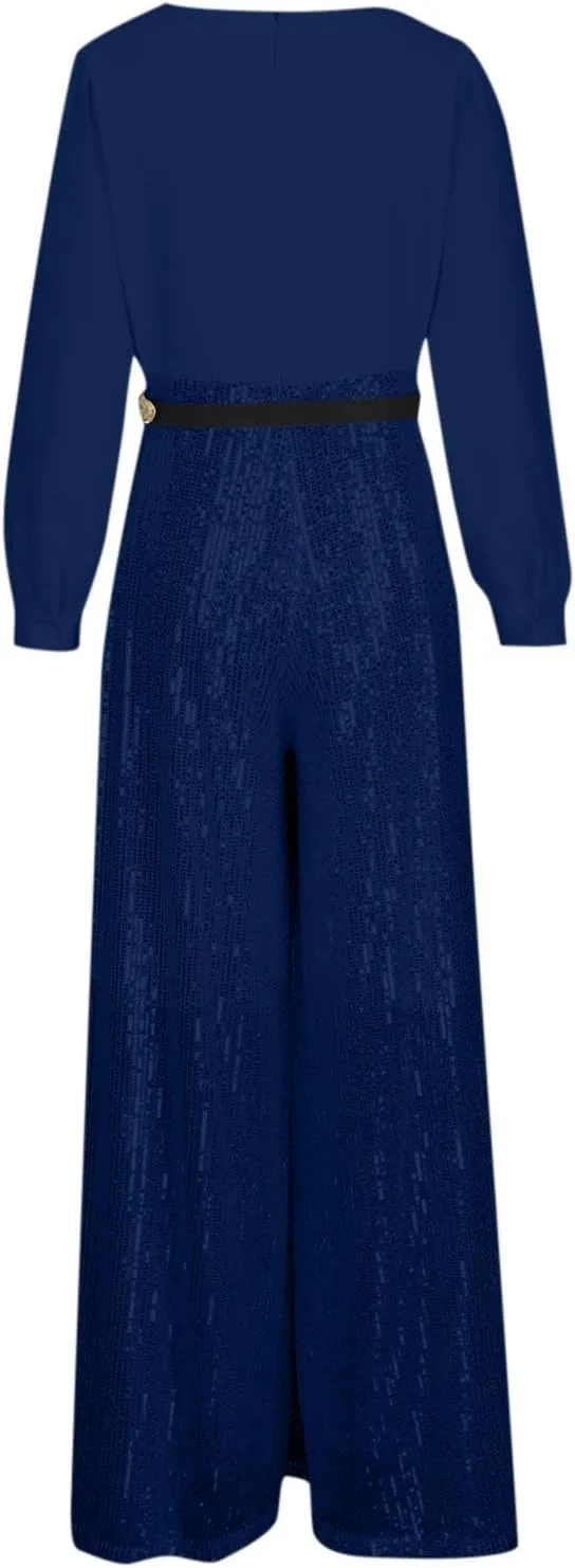 Women Sequins Jumpsuits Clubwear Long Sleeve V-Neck Party Evening Outfit Belted High Waist Wide Leg Trouser Pantsuits