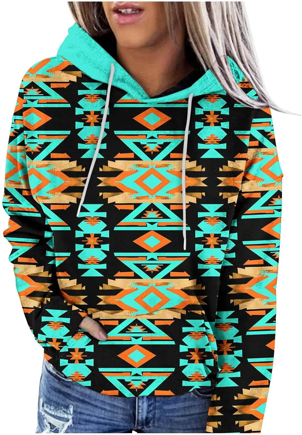 Women Western Ethic Hoodie Aztec Style Print Graphic Sweatshirts Pullover Hooded Pullover Tops Shirts Vintage Clothing