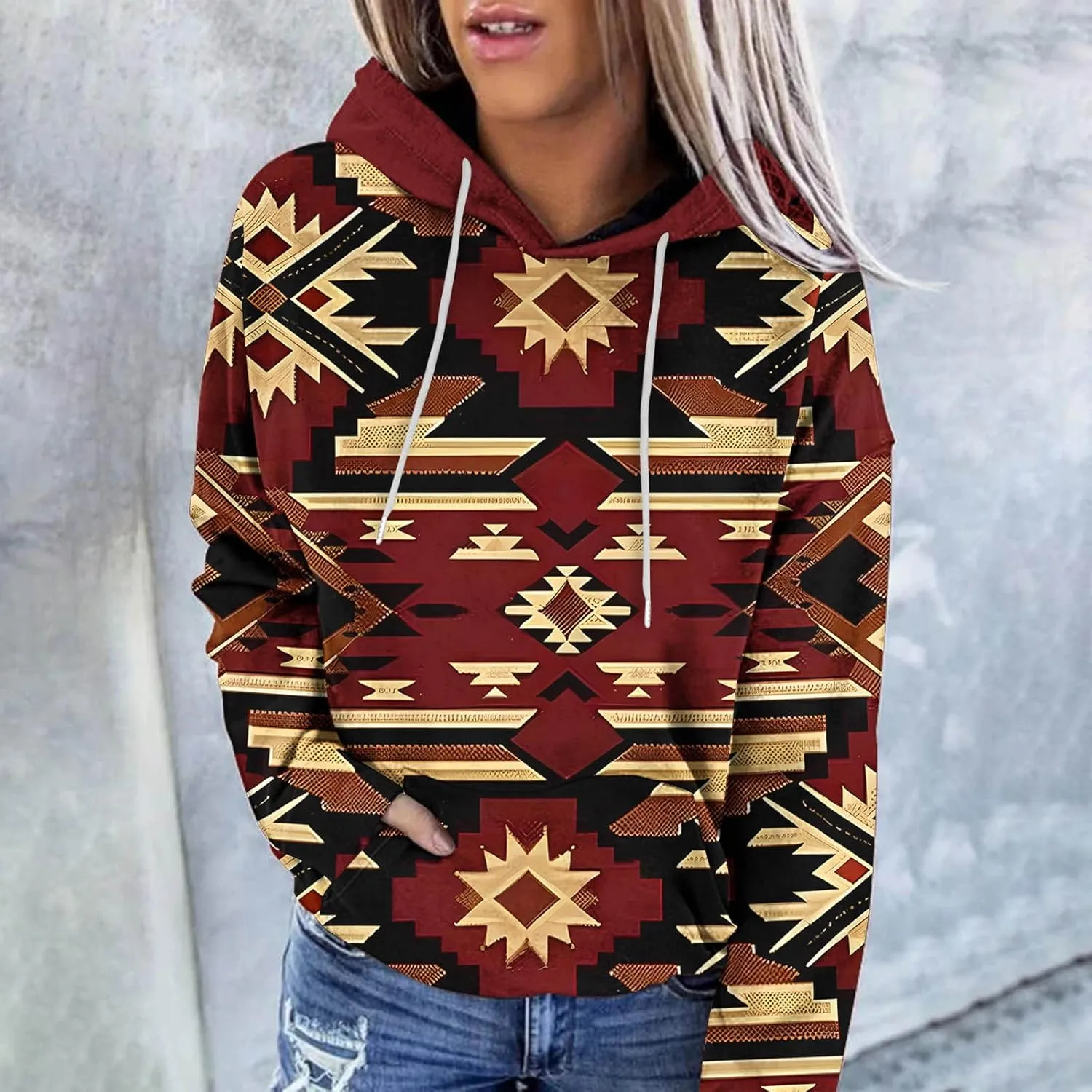 Women Western Ethic Hoodie Aztec Style Print Graphic Sweatshirts Pullover Hooded Pullover Tops Shirts Vintage Clothing
