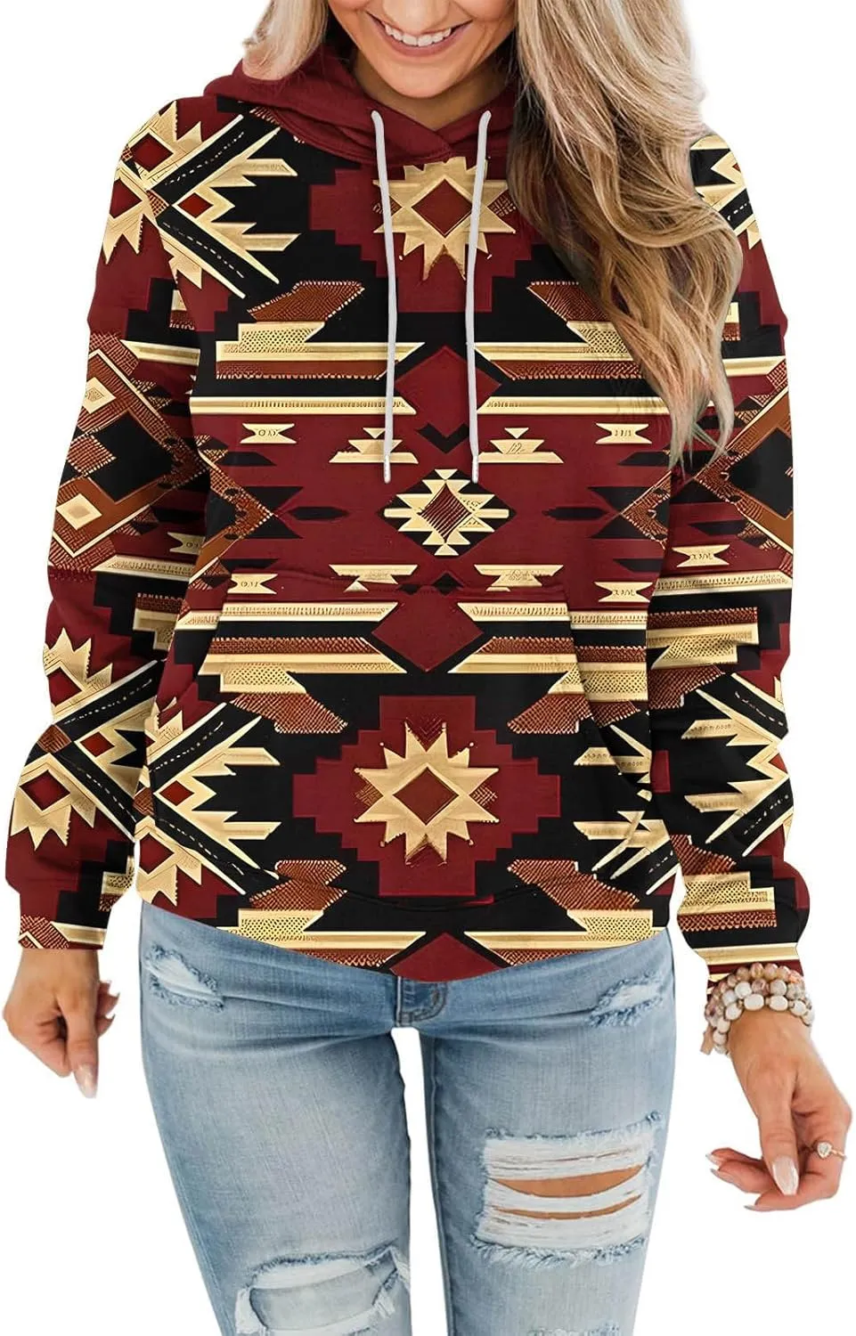 Women Western Ethic Hoodie Aztec Style Print Graphic Sweatshirts Pullover Hooded Pullover Tops Shirts Vintage Clothing