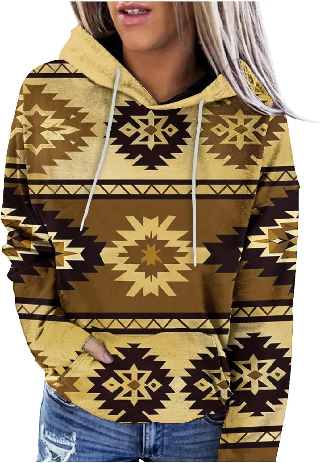 Women Western Ethic Hoodie Aztec Style Print Graphic Sweatshirts Pullover Hooded Pullover Tops Shirts Vintage Clothing