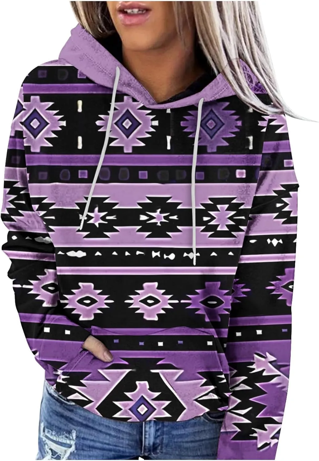 Women Western Ethic Hoodie Aztec Style Print Graphic Sweatshirts Pullover Hooded Pullover Tops Shirts Vintage Clothing