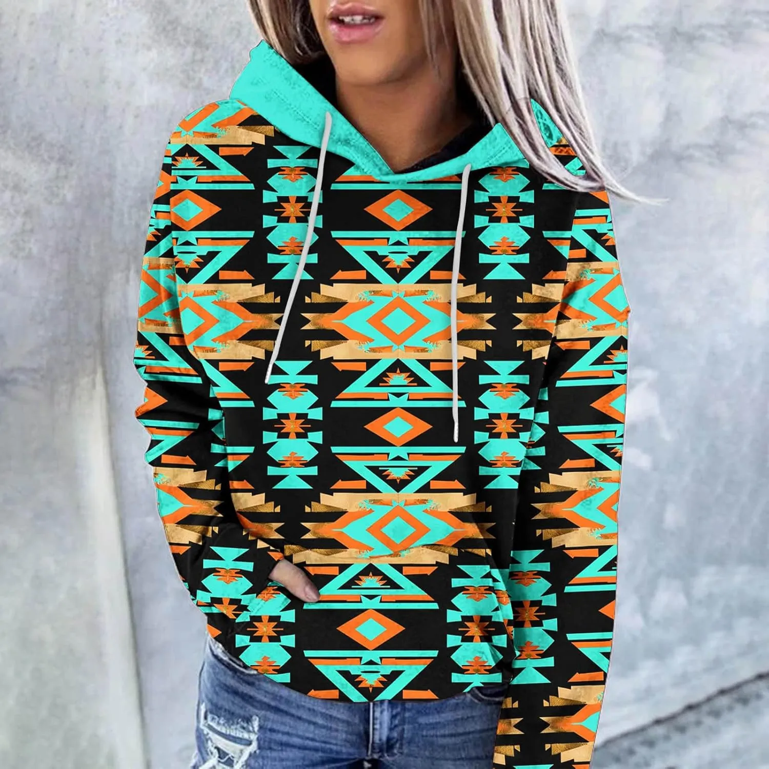 Women Western Ethic Hoodie Aztec Style Print Graphic Sweatshirts Pullover Hooded Pullover Tops Shirts Vintage Clothing