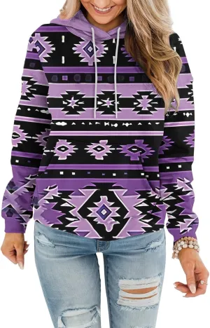 Women Western Ethic Hoodie Aztec Style Print Graphic Sweatshirts Pullover Hooded Pullover Tops Shirts Vintage Clothing