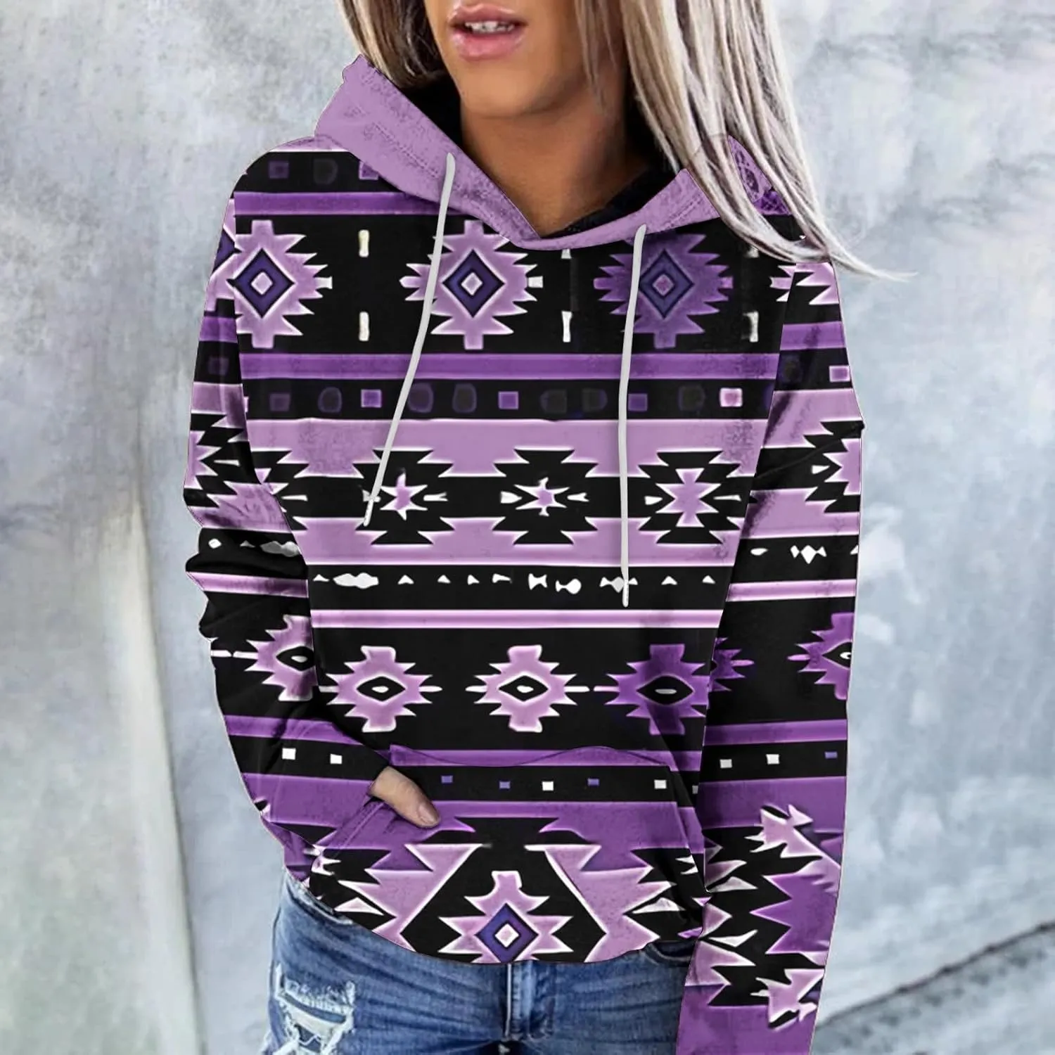 Women Western Ethic Hoodie Aztec Style Print Graphic Sweatshirts Pullover Hooded Pullover Tops Shirts Vintage Clothing